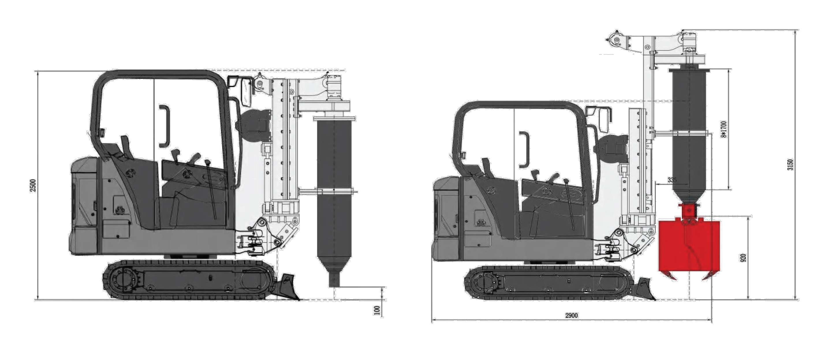 FR6 Mini line drawings — transport state and working state with dimensions